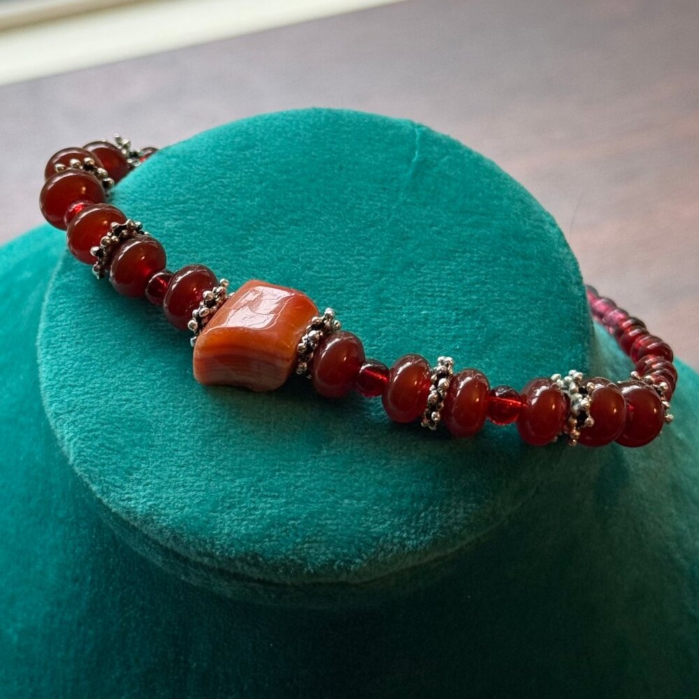 Carnelian Beaded Bracelet with Glass and Metal Accents Handmade - Picture 2 of 2